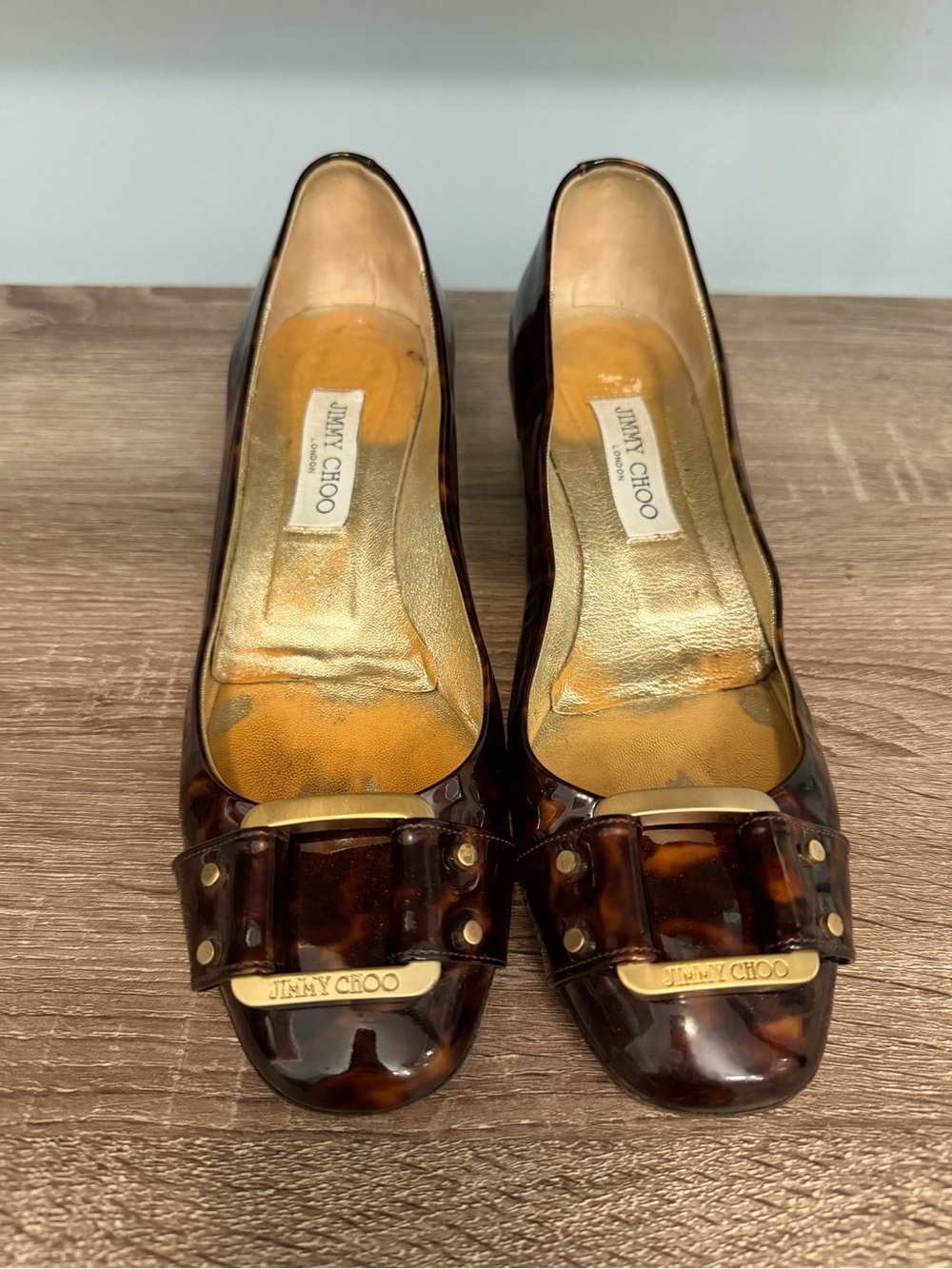 Vintage Jimmy Choo Tortoiseshell Brown Pumps Gold Block Heel & Hardware -Size 40 - Picture 3 of 10